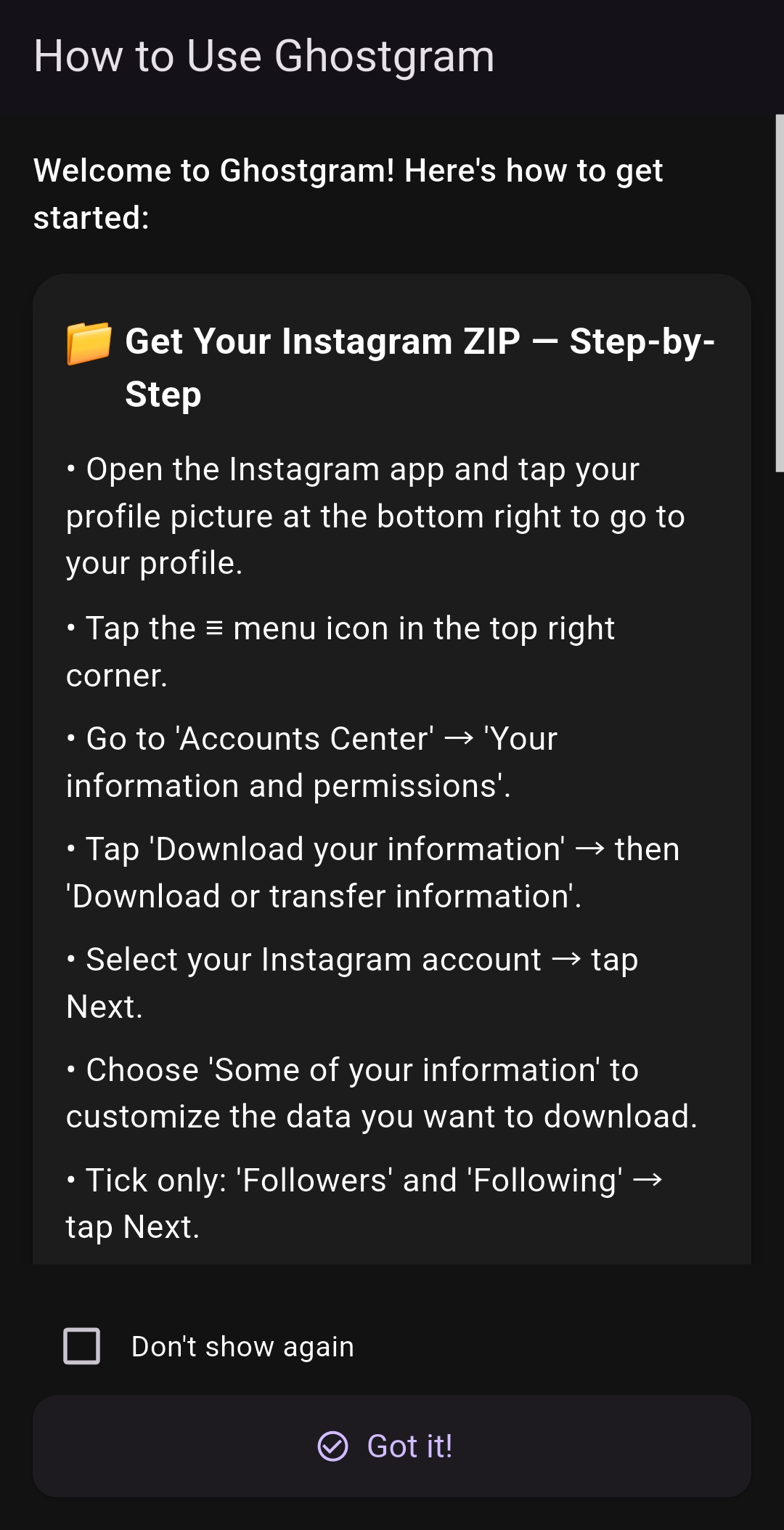 Ghostgram screenshot showing mutual followers